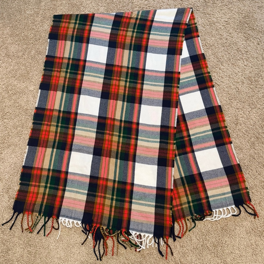 J. Crew Black/white/red Plaid Scarf 77in X 24in 100% Acrylic